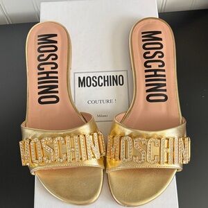 Moschino Gold Crystal Logo Slide Mules